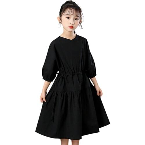 4 to 14 years kids & teenager girls v neck cotton three quarter sleeve flare midi dress child girl fashion buttoned back dresses