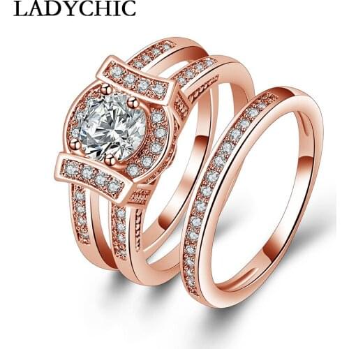 LADYCHIC Fashion AAA+ Cubic Zirconia Stones Finger Rings Sets for Ladies Lover Wedding Engagement Band Ring Jewelry LR1028