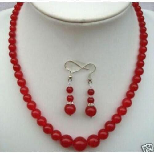 Beautiful 6-14mm Natural Red Round Beads Necklace 18" Earrings Set