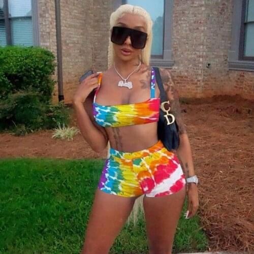 Summer Casual Lounge Sets for Women Streetwear Tie Dye 2 Piece Set Strap Crop Top and Biker Shorts Set Slim Bodycon Co Ord Sets