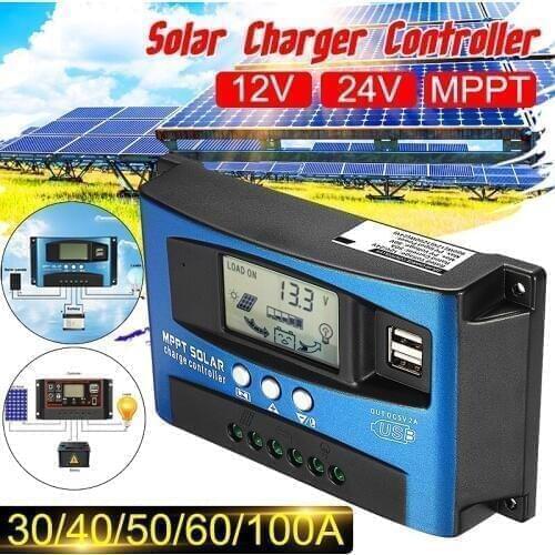 MPPT 30/40/50/60/100A Solar Charge Controller Dual USB LCD Display 12V 24V Auto Solar Cell Panel Charger Regulator with Load