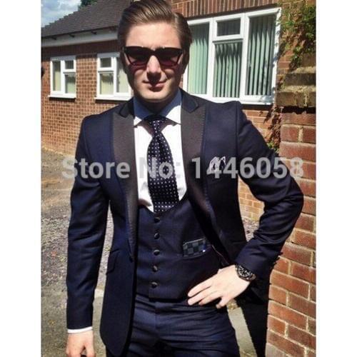 New Classic Style Tuxedos For Men Groomsmen Mens Suit Black Lapel Navy Blue Bridegroom Wedding Prom Suits (Jacket+Pants+Vest)