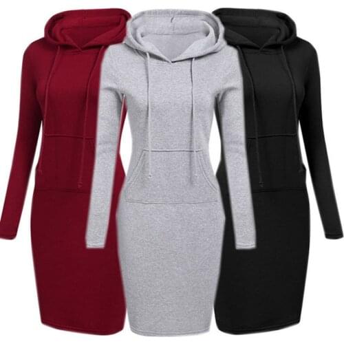 New Winter Women Hoodies Sweatshirts Long Sleeve Dress Vestidos Woman Clothing Hooded Drawstring Pocket Pullover Solid Dresses