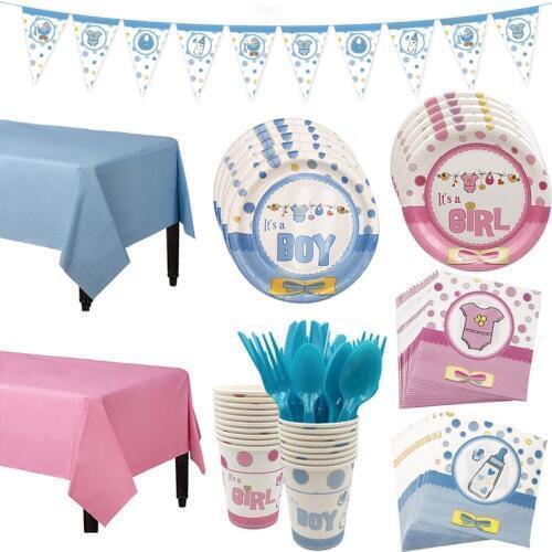 Pink Blue Theme Party Disposable Tableware Girl Boy Party Paper Cup Plate Birthday Party Decor Kids Baby Shower Supplies