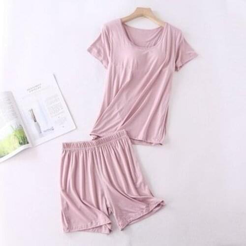Modal Cotton Pyjama Femme New Pijamas Women Chest Pad Short Sleeve Pajamas Set Large Size Bra-cup Loose Shorts Sleepwear Set