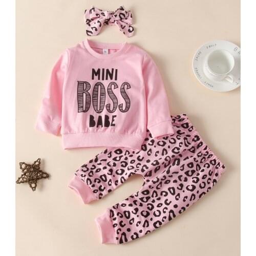 MINI BOSS BABE toddler girls clothing spring headband bow+ long t shirt+leopard pant pink kids children girl clothing outfit