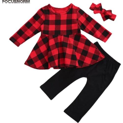 FOCUSNORM Xmas Autumn Girls Clothes Sets 1-5Y Plaid Print Long Sleeve Ruffles Dress Tops Black Pants Headband 3pcs