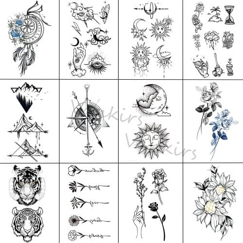 Cartoon Cloud Coconut Tree Temporary Tattoos For Adults Girls Tiger Flower Compass Mountain Fake Tattoo Sticker Arm Leg Tatoos