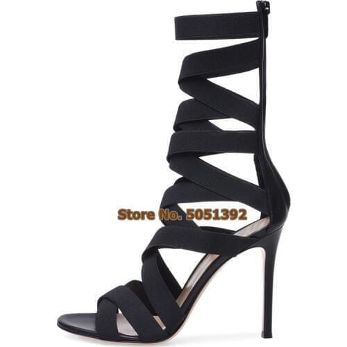High Thin Heel Cross Tied Zip Sandals Mid-Calf Booties Sexy Cross Side Cut Open Toe Gladiator Fashion Casual Shoes