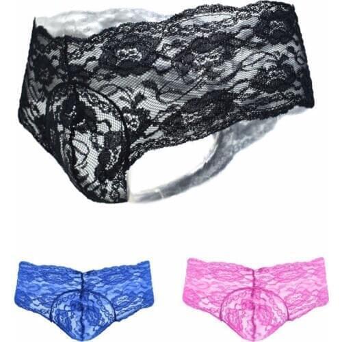 Sexy Men Floral Lace Panties See-through Sissy Pouch Gay Bikini Briefs Underwear