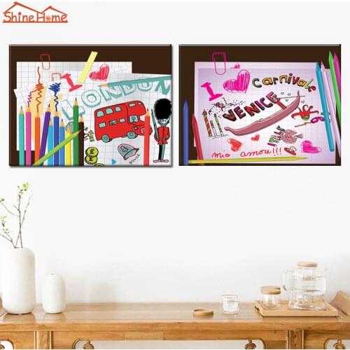 ShineHome-2pcs Canvas Printed Modular Painting Colourful Bright Pencil Graffiti Letters Cartoon Wall Picture Kids Room Art Deco