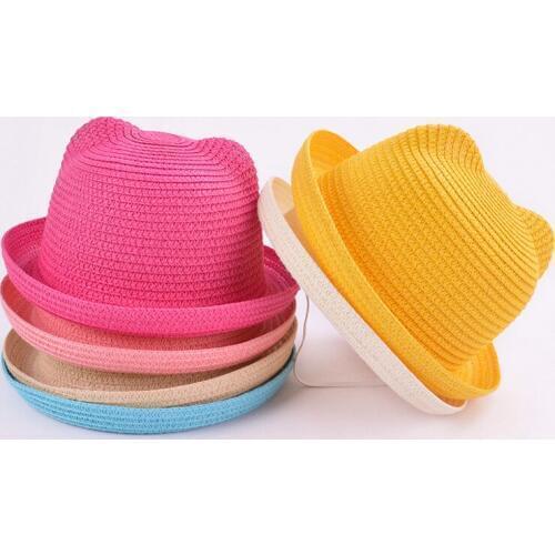 Fashion Lovely Girls Boys Straw Hats Headdress Summer Kids Baby Bucket Sun Hat Cute Ear Solid Floppy Beach Cap For Children