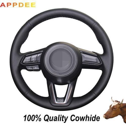 Hand-stitched Black Genuine Leather Steering Wheel Cover for Mazda 3 CX-5 2017 Mazda CX-9 2016 2017