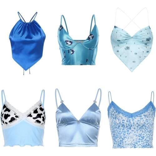 90s Blue Halter Top Y2K Aesthetic Summer Sleeveless Cropped Sexy Women Backless Camisole Tube Top E-girl Cute Sweet Streetwear