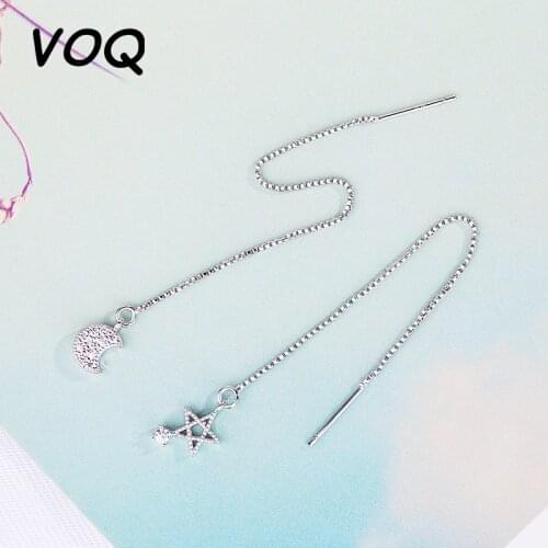 VOQ 925 Sterling Silver Latest Shiny Star and Moon Asymmetric Zircon Long Tassel Earrings Ladies Party Jewelry Accessories