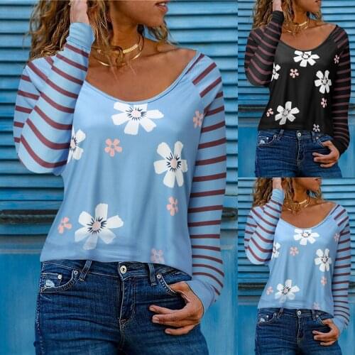 Womens Clothing Autumn Winter New Fashion T-shirt Women V-neck Flower Print Long-sleeved Casual Loose Striped T-shirt Plus Size