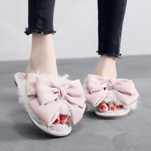 Fashion Big Bow Home Women Slippers Autumn Winter New Warm Casual Flat Female Shoes Slip on Cozy Plush Ladies Flip Flops qq946