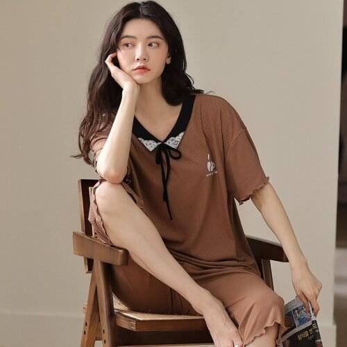 Women 2PCS Modal Pajamas Sets Sexy Notched Pyjamas Lace Sleep Suit M-XXL Loose Sleepwear Nightwear Summer Short Sleeve Home Wear