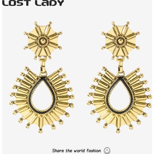 Lost Lady Fashion Fan Shape Dangle Earrings Vintage Exaggerated Gold Color Metal Woman Earring Modern Female Jewelry Wholesale