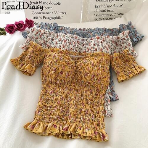 Pearl Diary Women Disty Floral Top Off Shoulder Crop Top Smocked Floral Print Vintage Top Ruched Elastic Skinny Top For Women