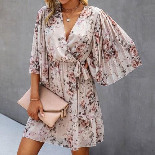 Casual Ruffle Pleated Mini Dress Woman Fashion Flare Sleeve V-neck Lace Up Dresses For Women 2021 Autumn Floral Print Robe Femme