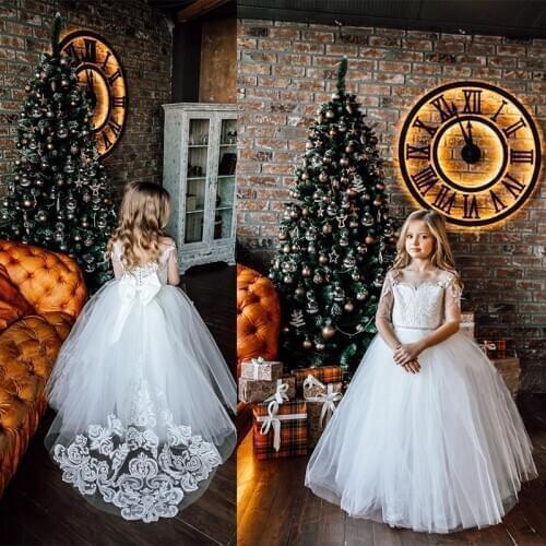 2020 Flowers Girls Dresses Lace For Wedding Evening Party Embroidery Princess Girl Ball Gown Christmas Eve Floor Length Skirts