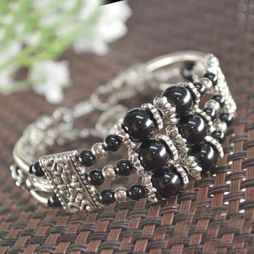 5pcs Grade AAA Black Onyx Handmade Women Bangles Heart Dangling Extra Chain Adjustable Bracelet
