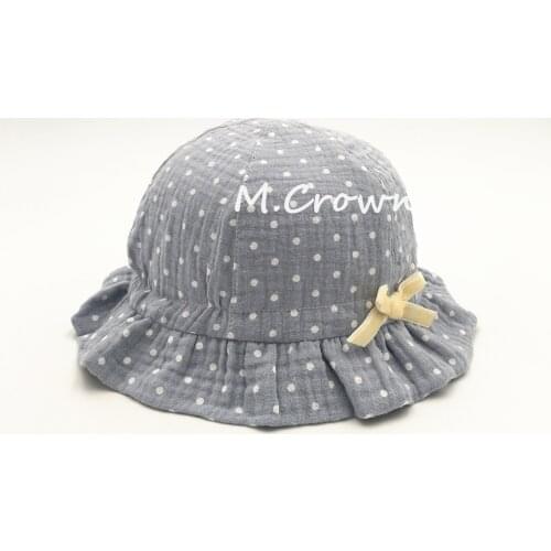 Kids Girls All over print Dots Cotton Chambray Bucket Cap with Bow Tie Decoration and full linings