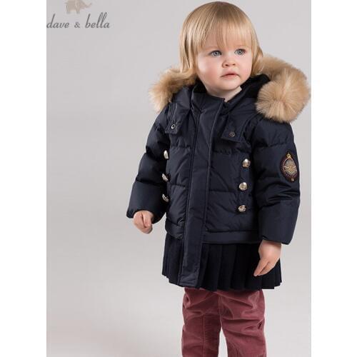 DB12006 dave bella winter baby girls ruched down coat fur hooded outerwear children 90% white duck down padded kids jacket