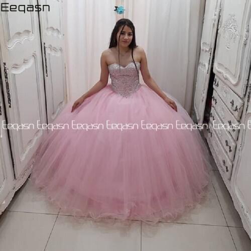 Eeqasn Pink Rhinestones Quinceanera Dresses 2020 Lace up Back 2 in 1 Vestido 15 anos Princess Sweet 16 Dress Pageant Gowns