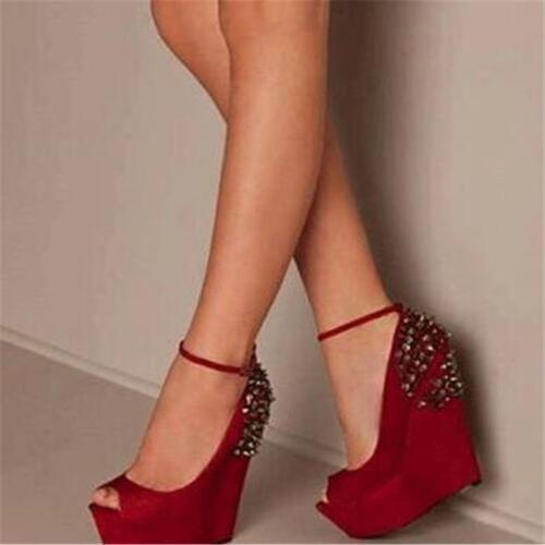 Elegant fashion free postage red suede, ankle straps, the first 4 cm thick 14.5 cm wedge heel shoes. Size: 35-43
