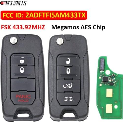 Folding 3/4 Button Remote Car Key 433MHz Megamos AES Chip SIP22 Uncut Blade for Jeep Renegade 2016-2018 FCC ID: 2ADFTFI5AM433TX