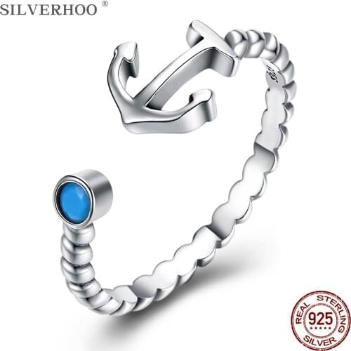 SILVERHOO Women Rings 925 Sterling Silver Simple Turquoise Anchor Open Adjustable Punk Vintage Ring Mens Fine Jewelry Best