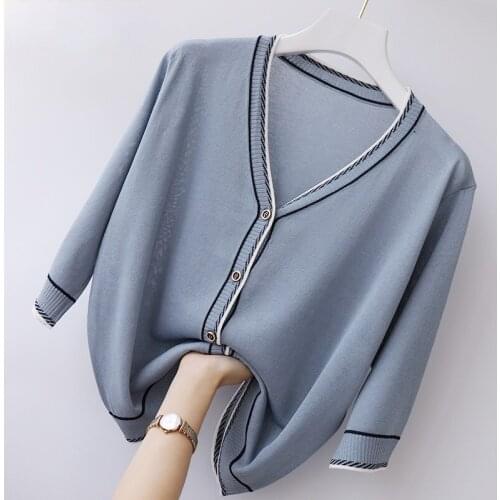 Lightweight Knitted Women Sweater Cardigan Summer New Design 2021 V-Neck Half Sleeved Loose Elegant Office Lady Outwear Tops
