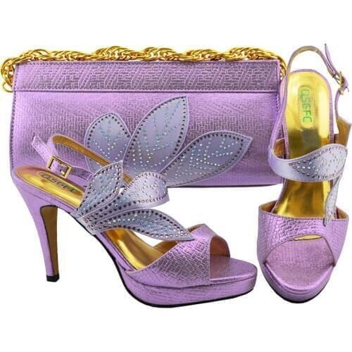 Fashion Lilac Color Italian Shoes and Bag Set Decorated with Rhinestone African Ladies Shoe and Bag To Matching