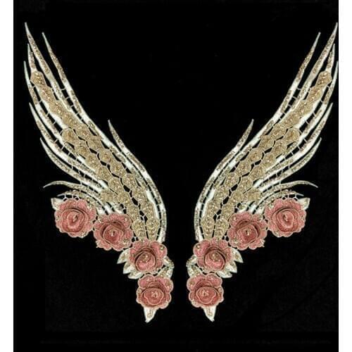 Fashion 2pcs/set wing flower embroidery Patches for clothes Retro vintage iron on patches floral appliques for clothing