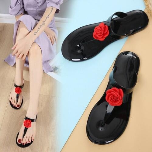 Fashion Women Flip Flop Bohemian Style Beautiful Red Flowers Sexy Jelly Flat Slippers (Size 36-41)