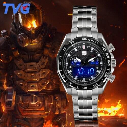 Men Watch Stainless Steel Japan Quartz dual movement LED display Sport waterproof 5 BAR Military Watches male Clock TVG3168