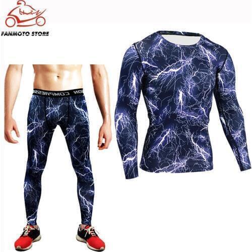 Men sports moto set tracksuits compress shirt fitness pants skin tight long sleeves rashguard training clothes mma gym yoga suit
