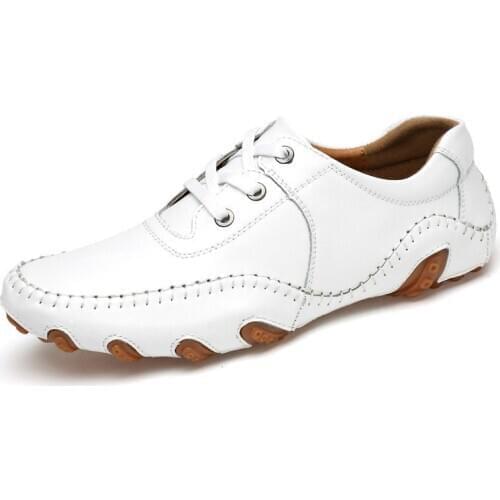 New Men Shoes Breathable Lace-Up Leather Casual Shoes Men Comfortable Light Weight White Sneakers Driving Shoes Plus Size 38-47