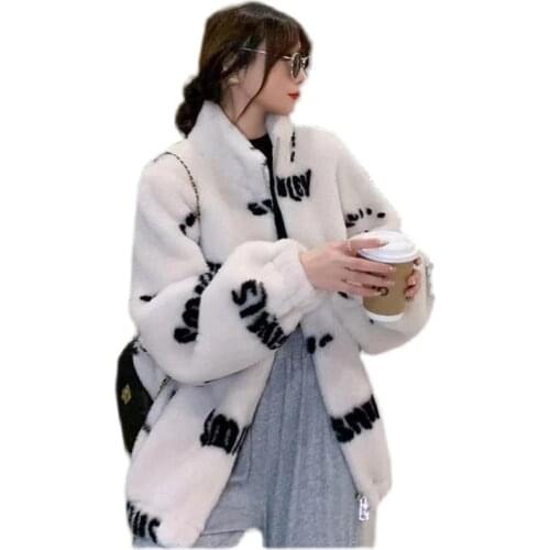 2021 new lamb wool coat smiley face letter printing imitation fur particle cashmere coat young style