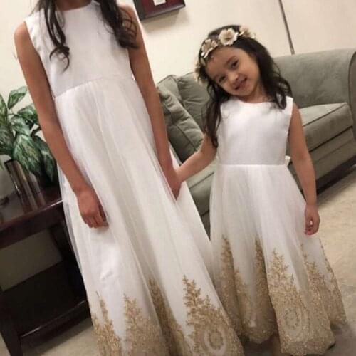 Formal Flower Girl Dress with Gold Embroidery Lace A-line Toddler Girl Wedding Dress First Communion Kids Skirt Celebrity Dress
