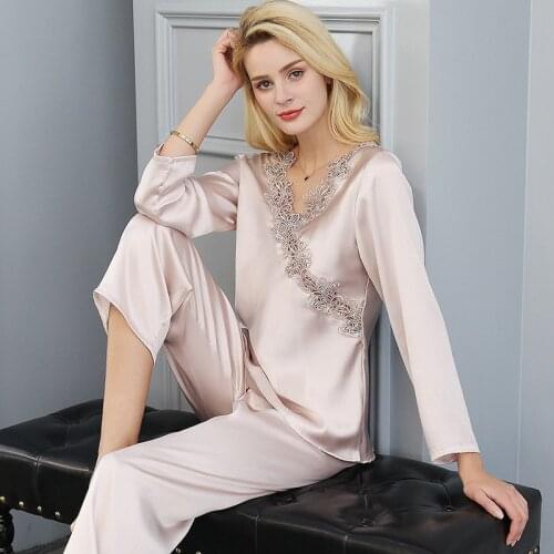 Natural Pure Silk Pajamas for Women Embroidery Long Sleeve 2 PCS Pyjamas Set 100% Mulberry Silk PIjamas Summer Sleepwear XL XXL