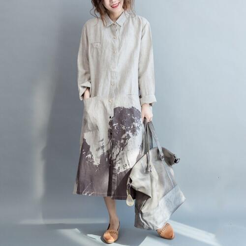 Spring long shirt dress button vestido Ink print women dresses turn down collar off white tshirt dress casual loose clothes