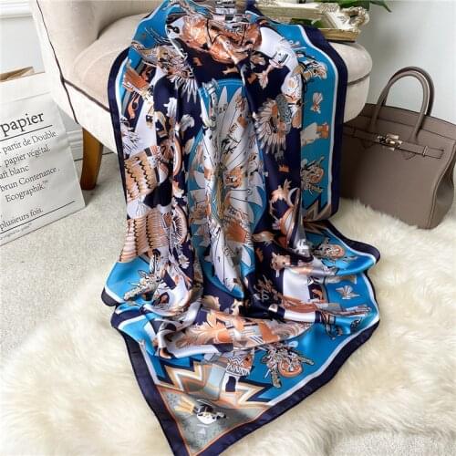 Silk Square Scarf for Women Print Neckerchief Shawl Hijab Popural 90*90cm Summer Beach Wrap Foulard Headscarves Bandana 2021