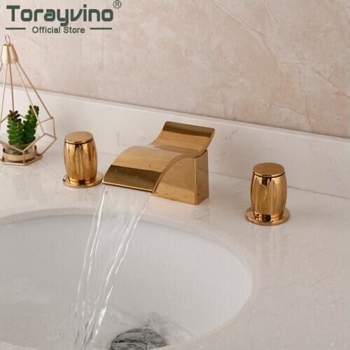 Torayvino Golden Plated 3 Pcs Bathroom Bathtub Faucet Basin Sink Deck Mounted Dual Handles Faucets Hot And Cold Mixer Water Tap