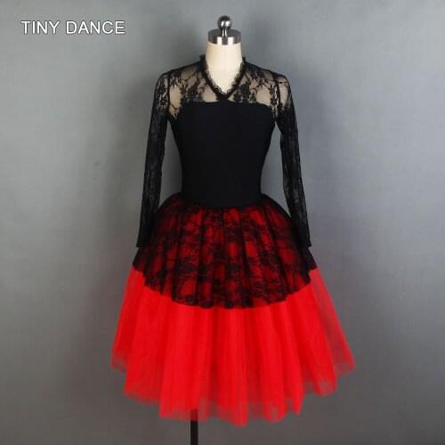 European Length Ballet Dance Tutu Black Spandex Leotard has Black Soft Stretch Lace Overlay Ballerina Dance Costumes 19827