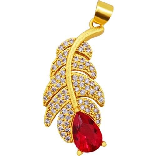 Women Pendant Chain Feather Shaped Yellow Gold Filled Cubic Zirconia Inlaid Charm Female Jewelry