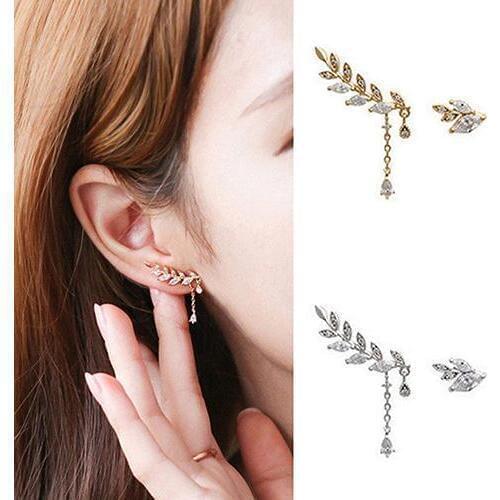Women Earless hole Earrings ear clip Asymmetric Leaf Ear Clip Chain Drop Dangle Ear Cuff brincos Stud Earrings Woman pendientes