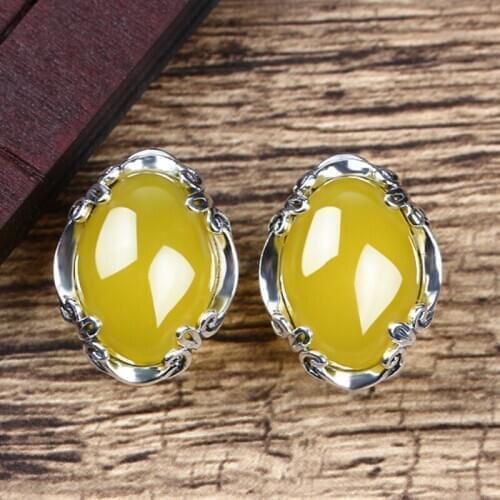ZHJIASHUN Retro Natural Chalcedony Agate 100% 925 Sterling Silver Clip Earrings Female Yellow Gemstones Stud Earrings Jewelry